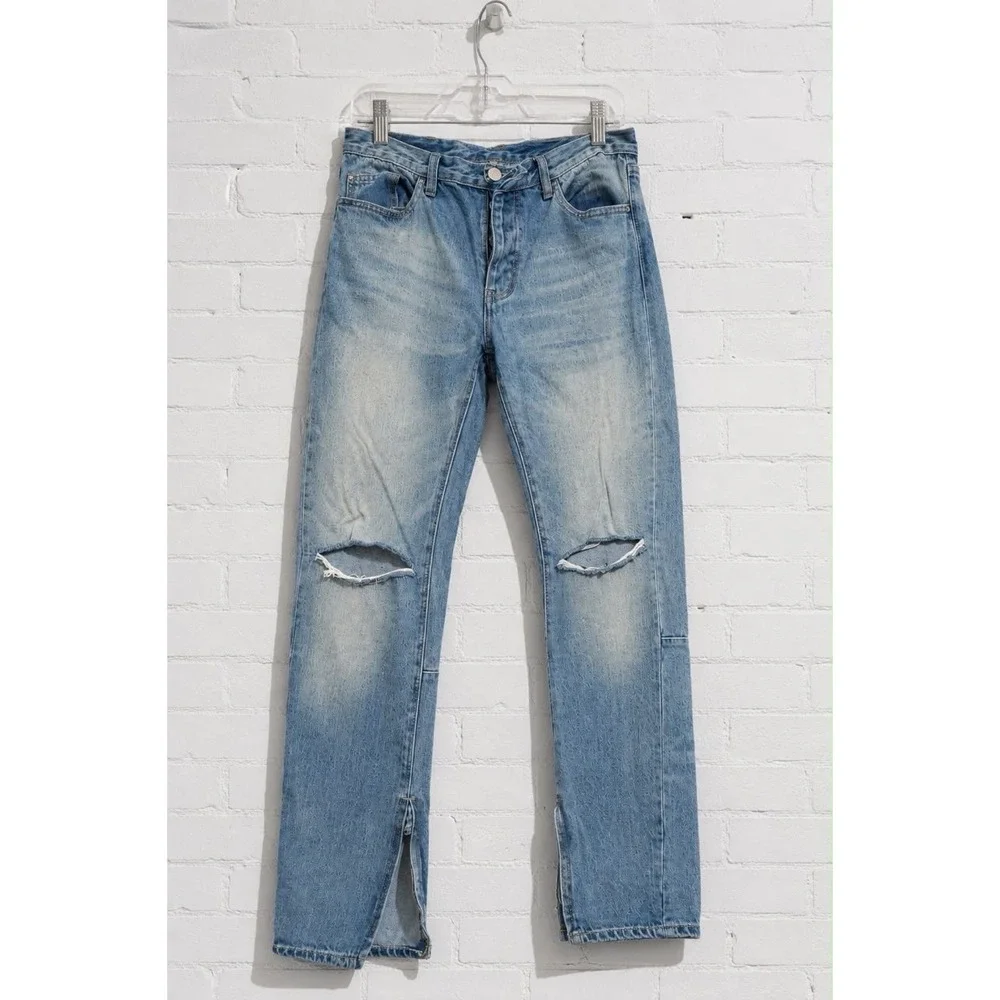 MNML Men's Light Wash Skinny Jeans Distressed Ripped Knee Solid 5-Pocket